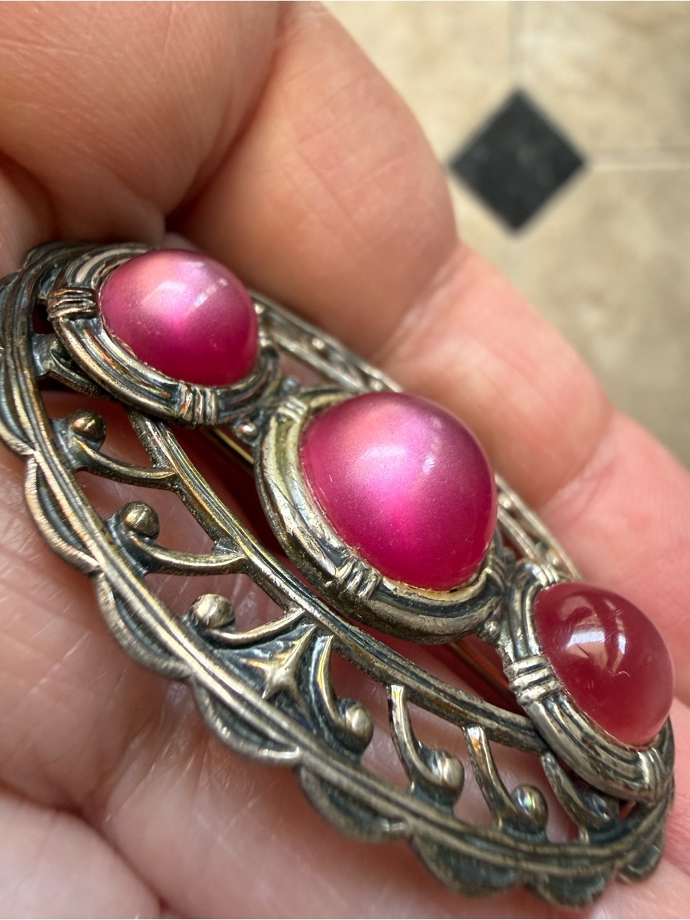Elegant sterling silver Pink Cabochon Victorian revival pin brooch